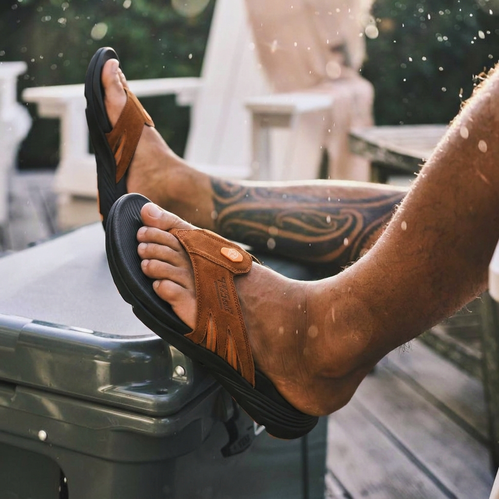 Close-up of men's mocha suede flip-flops