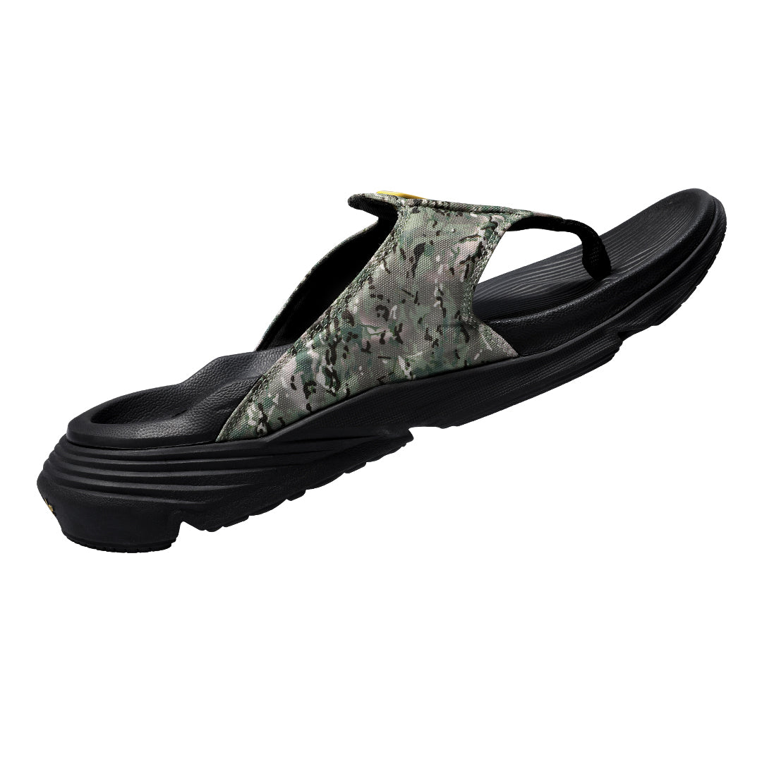 A camouflage-patterned upper strap in shades of green, gray, and black.