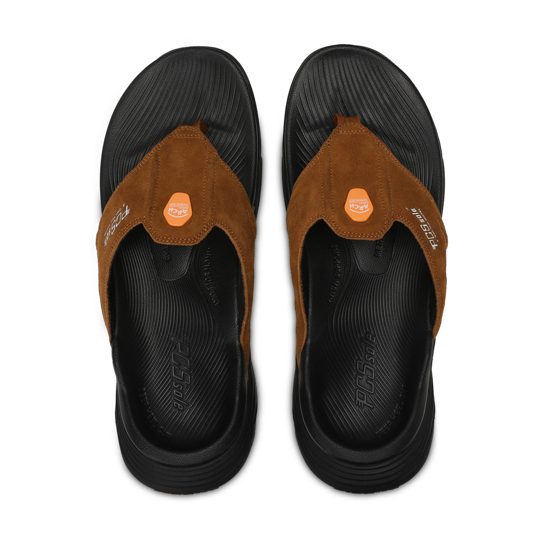 PCSsole mocha suede arch support flip flops front