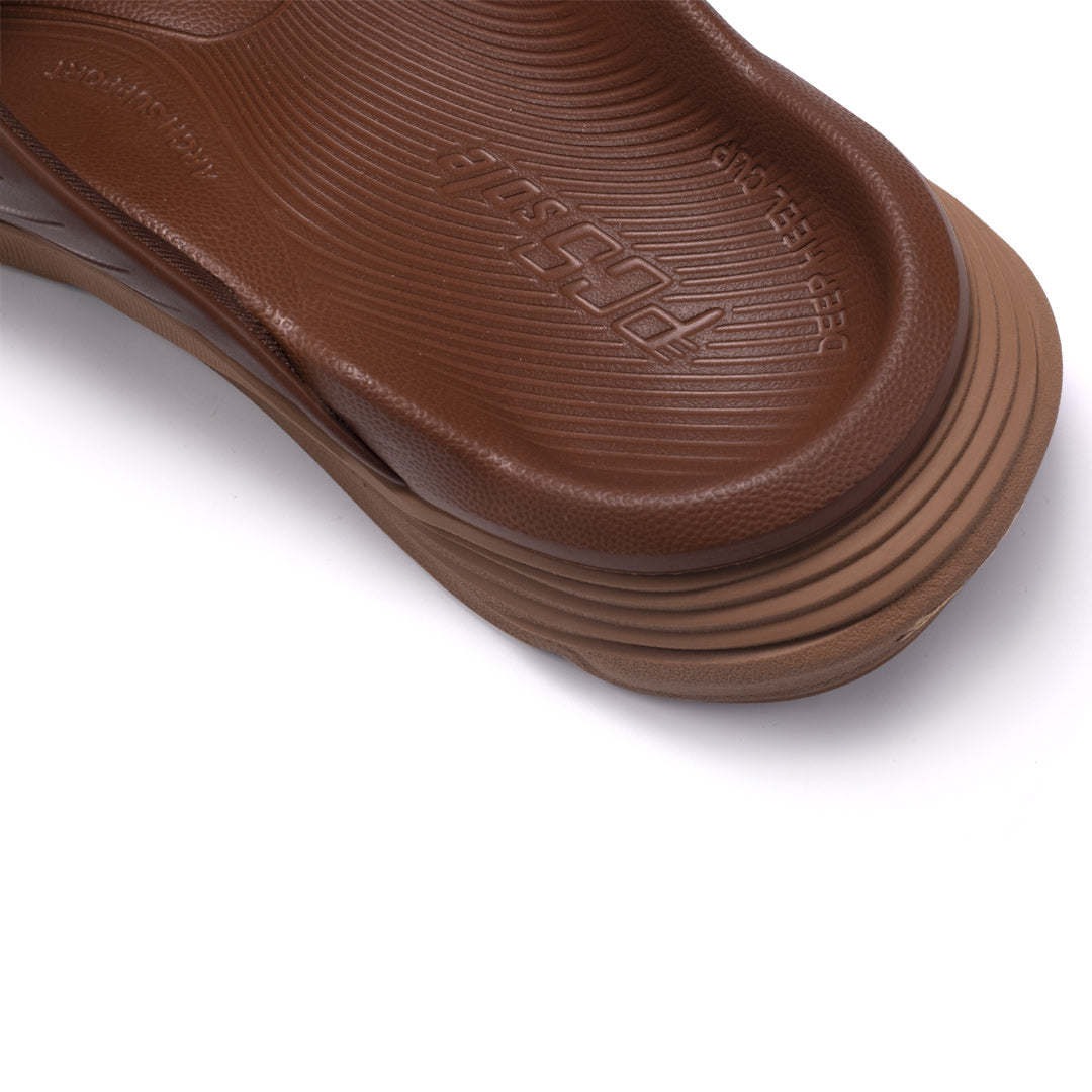 warm brown slides with deep heel cups