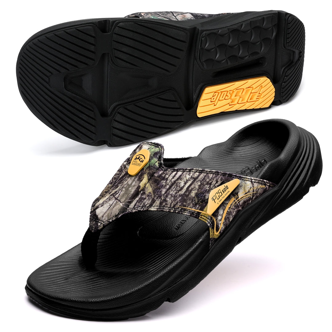 men's black camo arch support flip flops
