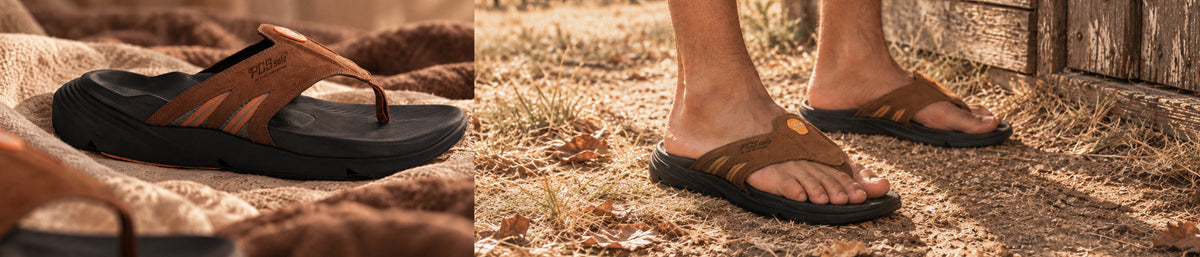A man wearing PCSsole mocha suede arch support flip flops