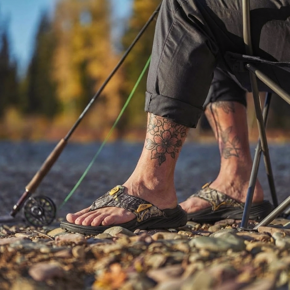 A man wearing PCSsole black camo flip-flops