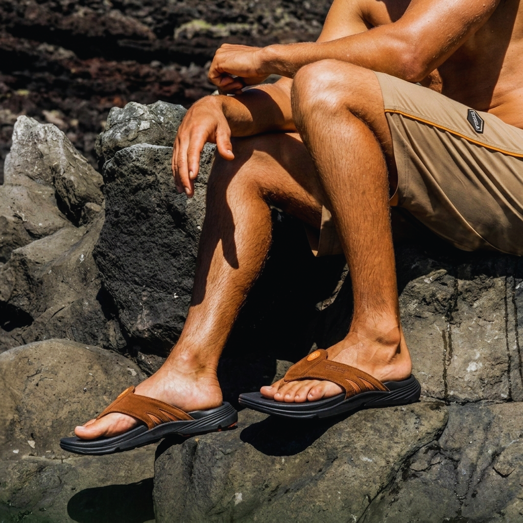A man wearing PCSsole Mocha Suede flip-flops sat on the rocks by the sea
