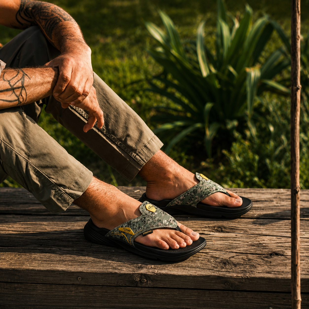 The man is wearing PCSsole Army Green Camo Flip Flops