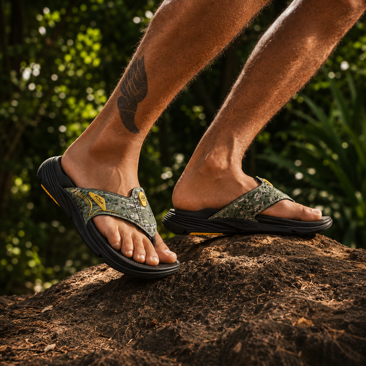 Camouflage sandals worn on feet standing on a rock with a natural background