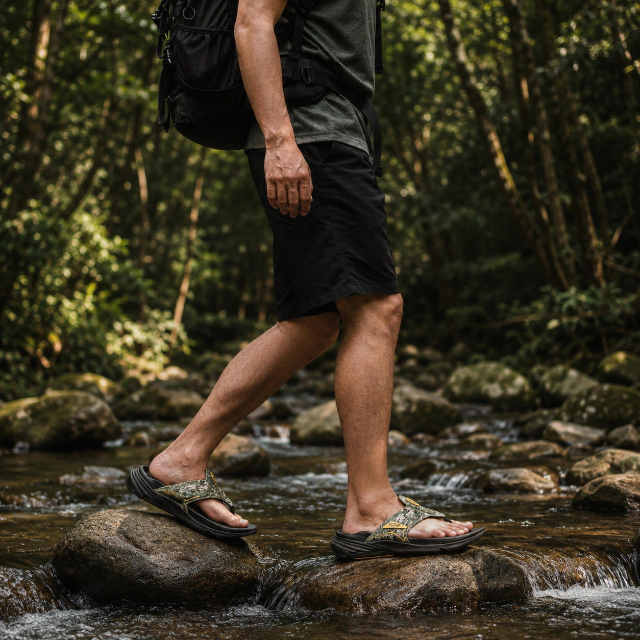PCSsole army green camo sandals in the camping life