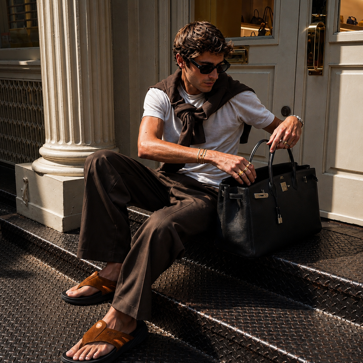 Man sitting on steps holding a black Hermès, wearing sunglasses and pcssole suede sandals.