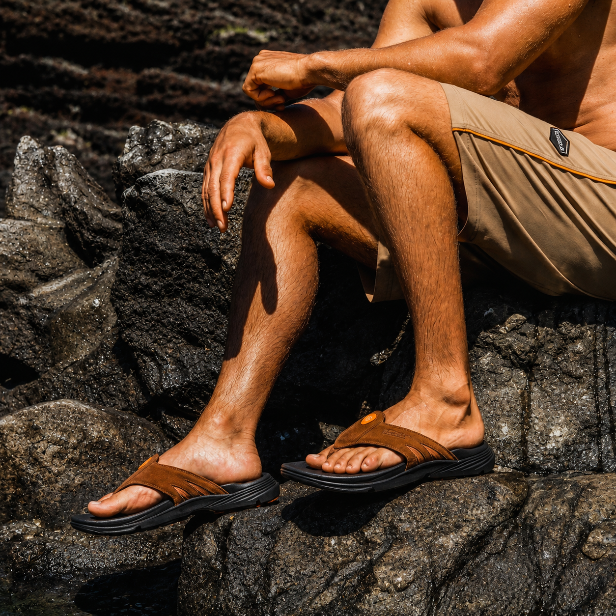 Men wearing suede sandals sitting on rocks