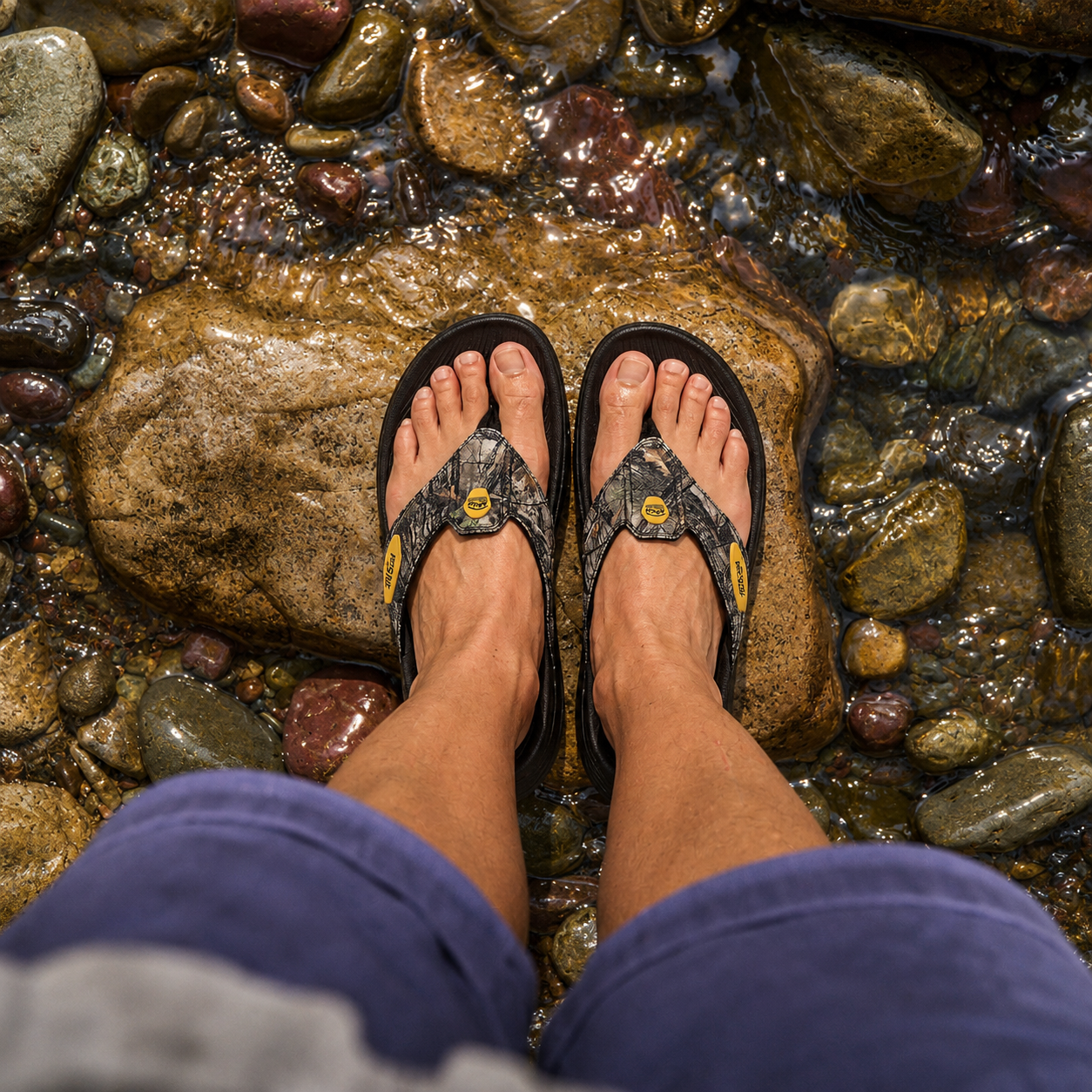 Feet wearing black camo flip-flops on a rocky surface