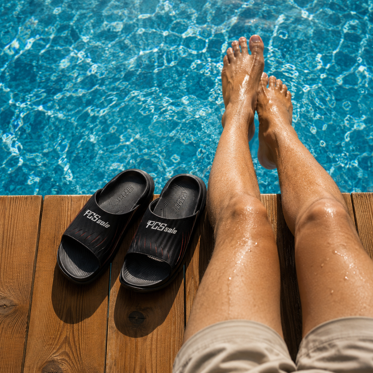 Person's legs with wet skin standing by a pool, wearing black pcssole slides with visible branding.