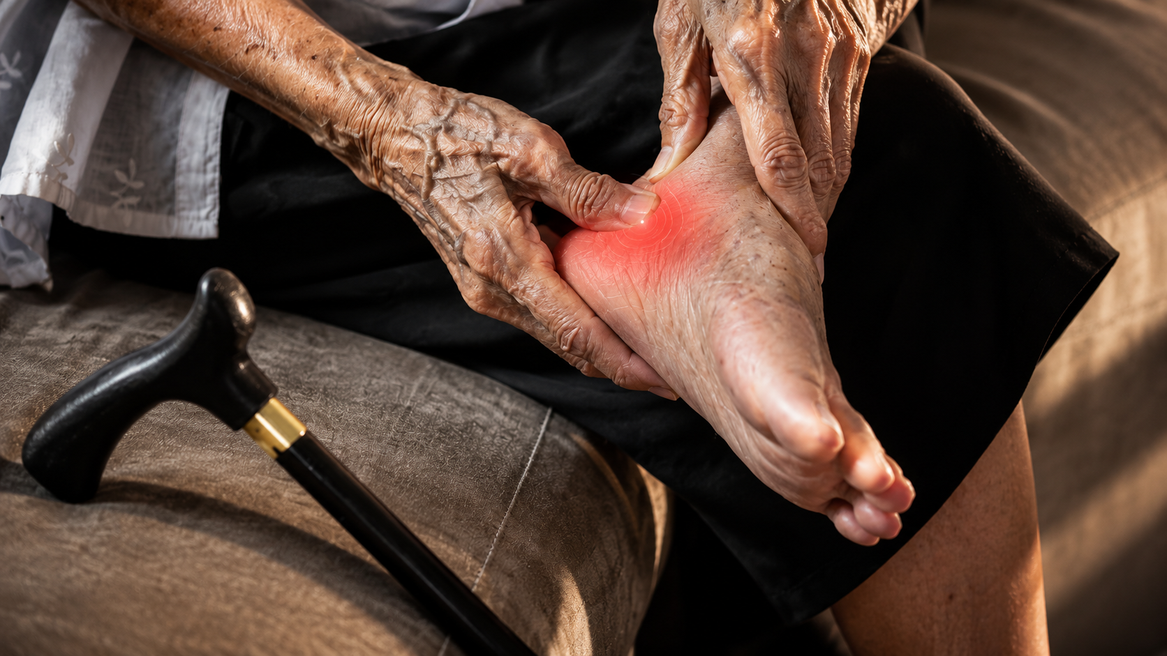 Person with a walking stick holding their foot, showing signs of pain.
