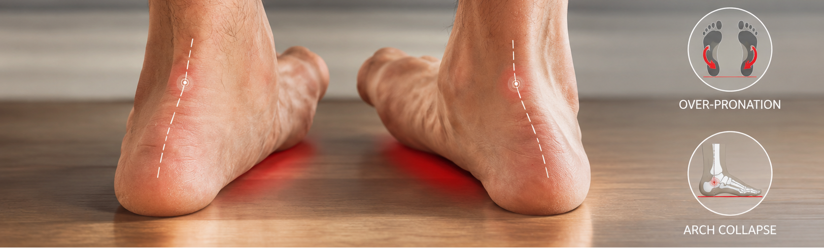Feet with highlighted areas on a wooden floor, showing foot types.