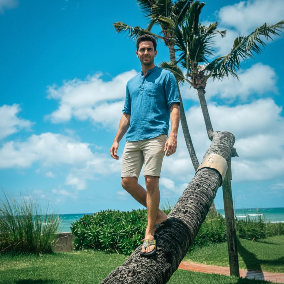 The man is wearing army green camo arch support flip-flops