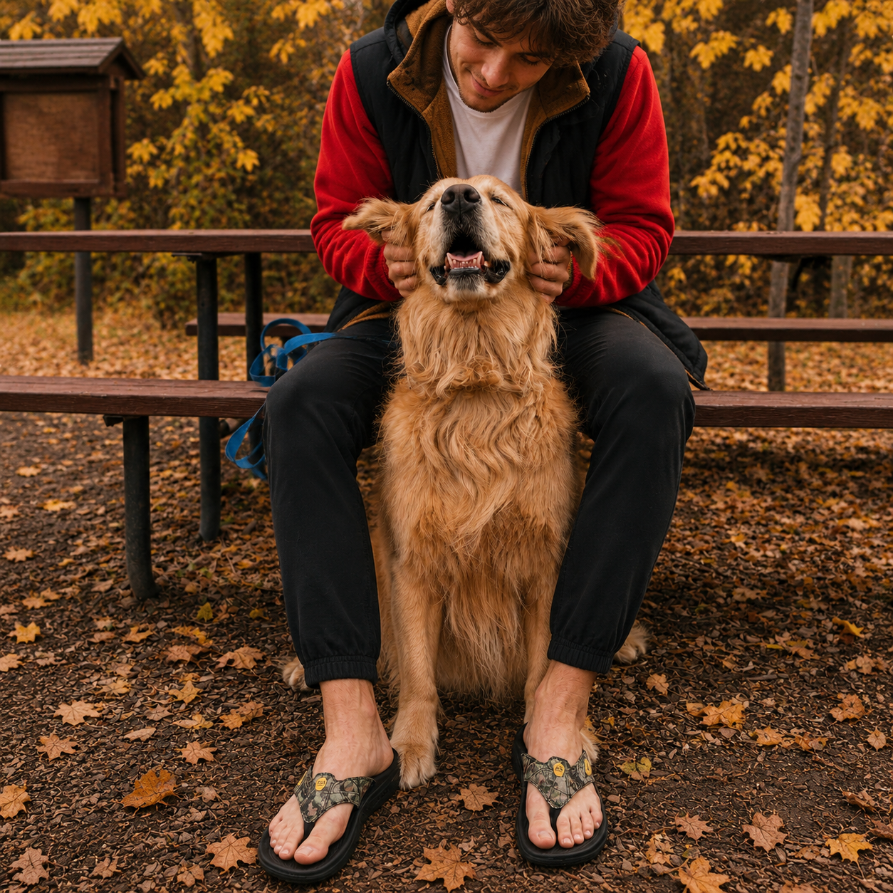 Man sitting on a bench with a golden retriever in an autumn setting