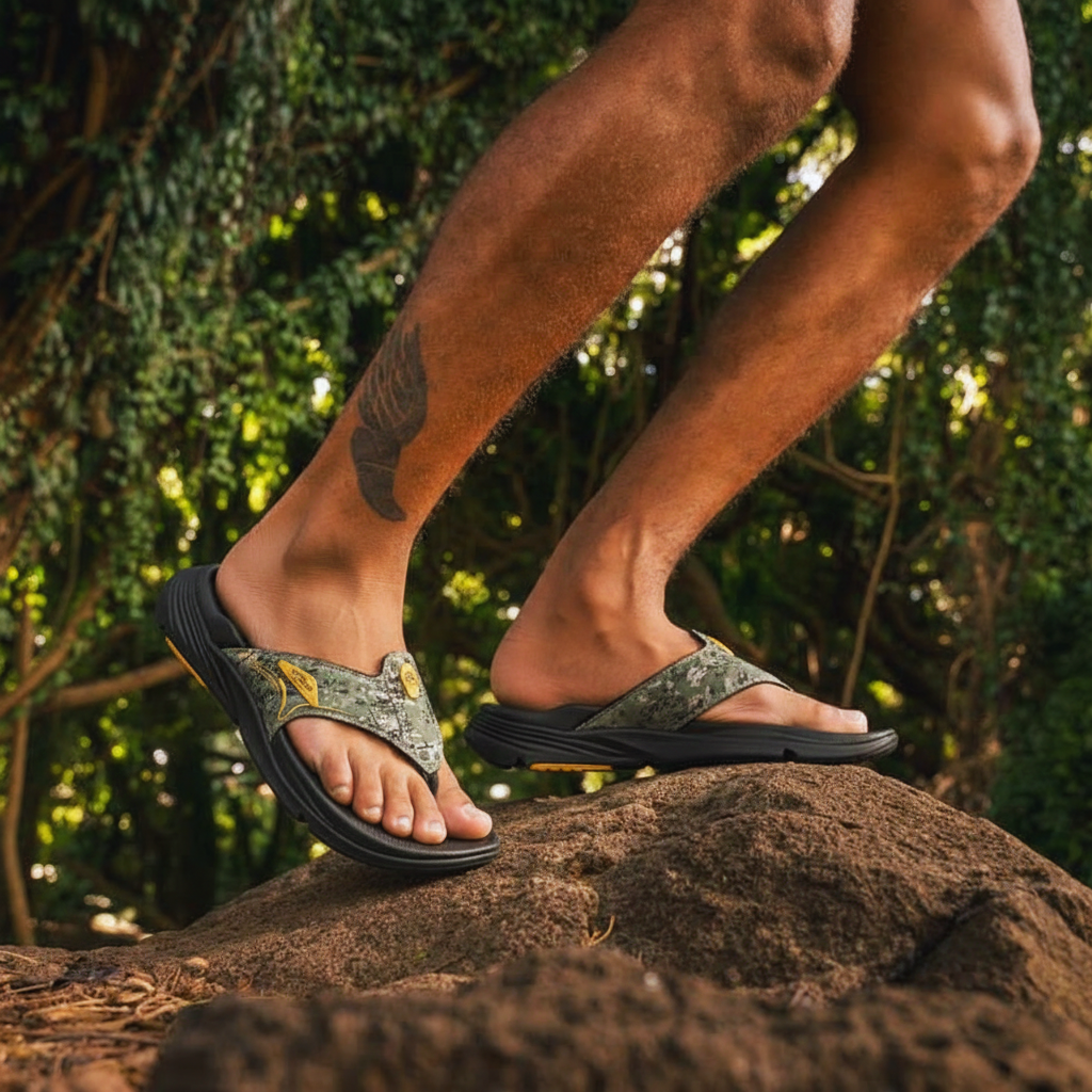A man wearing army green camo arch support flip flops