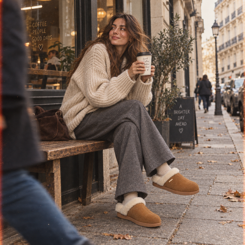 A woman sits on a wooden bench on a city sidewalk wearing PCSsole cozy brown slippers with white shearling lining