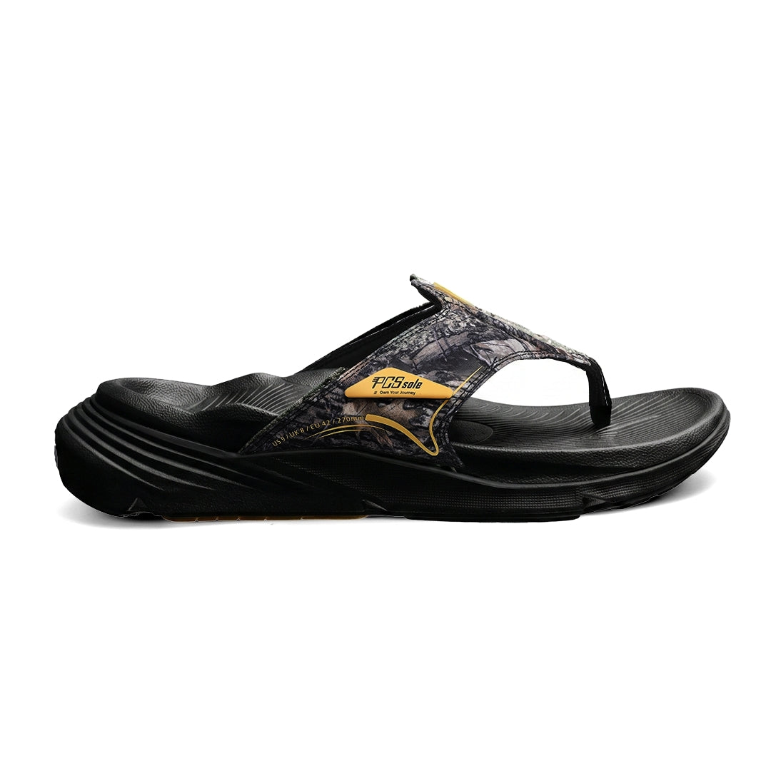 Black sandal with camouflage pattern and brand logo on a white background
