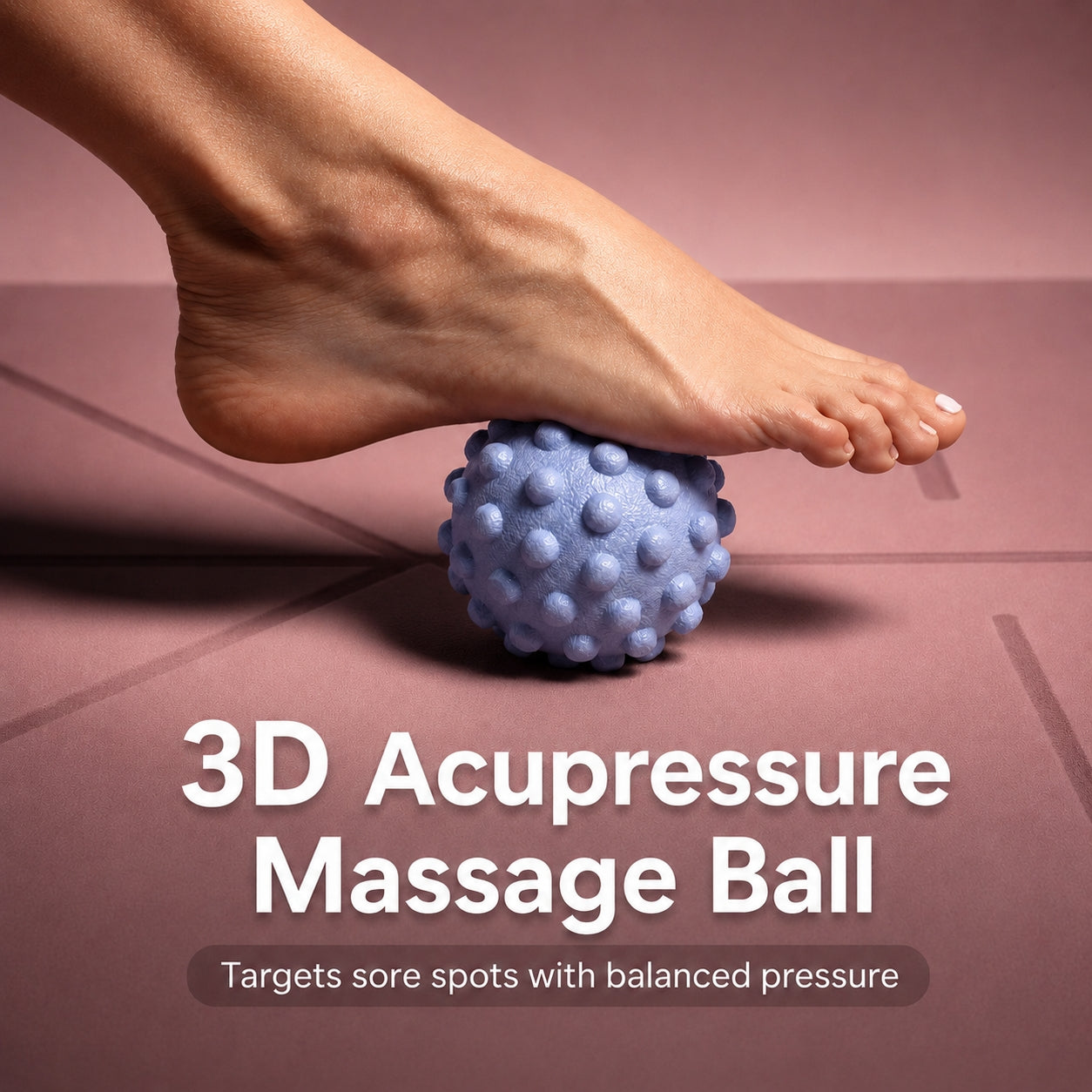 Person using a 3D acupressure massage ball on their foot with a brown background