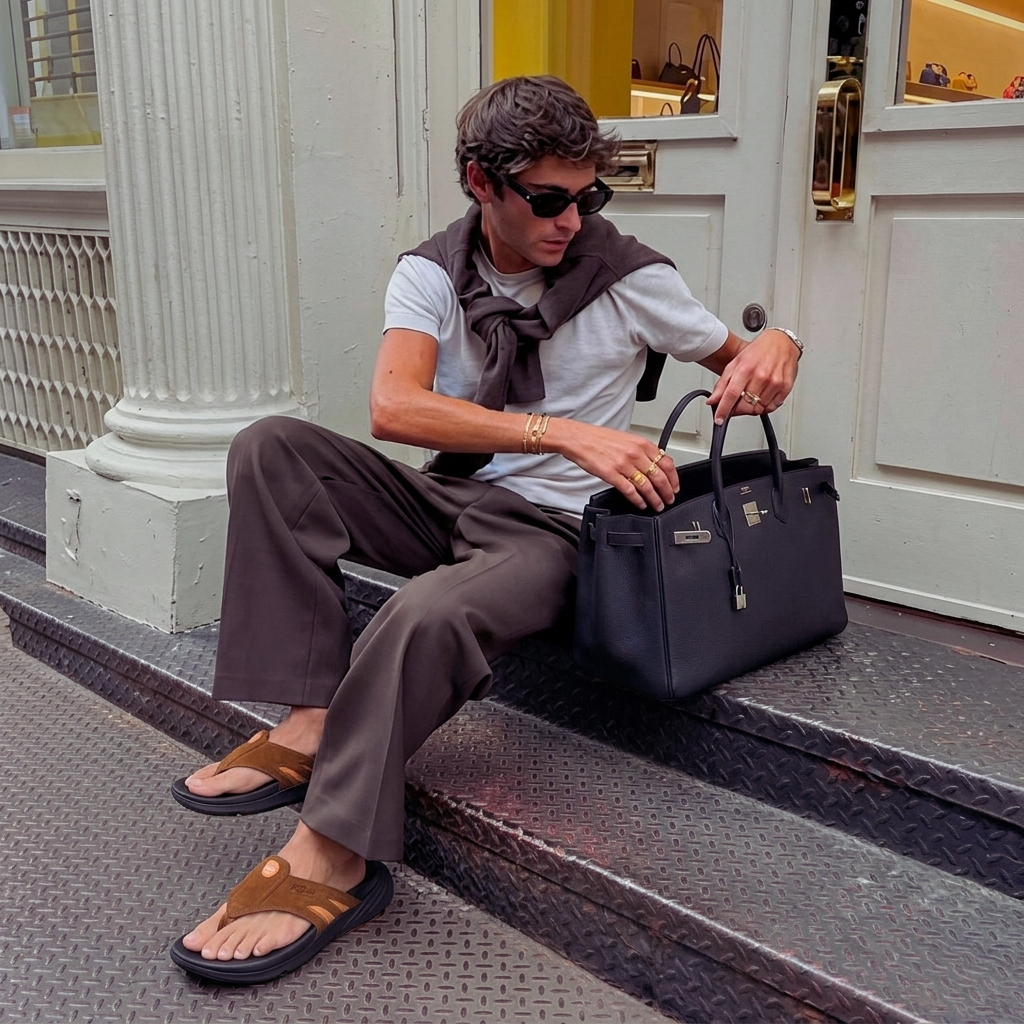 A man wearing PCSsole mocha suede flip-flops sat on the steps