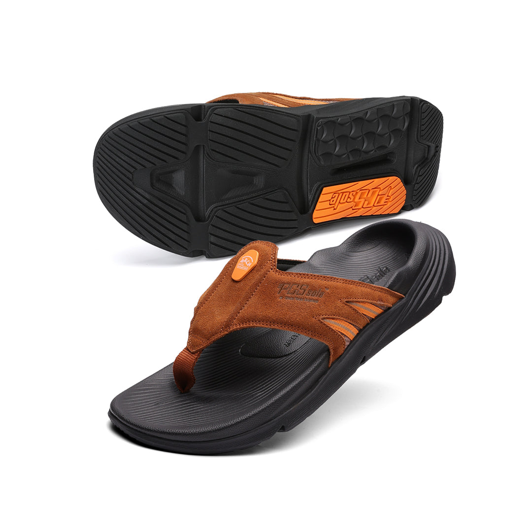 PCSsole brown suede-like strap and orange logo detail, and the other showing the black treaded outsole.