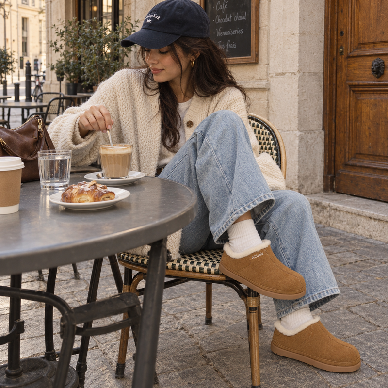 A woman sitting at an outdoor cafe table wearing PCSsole brown arch support indoor/outdoor slippers with white faux-fur lining