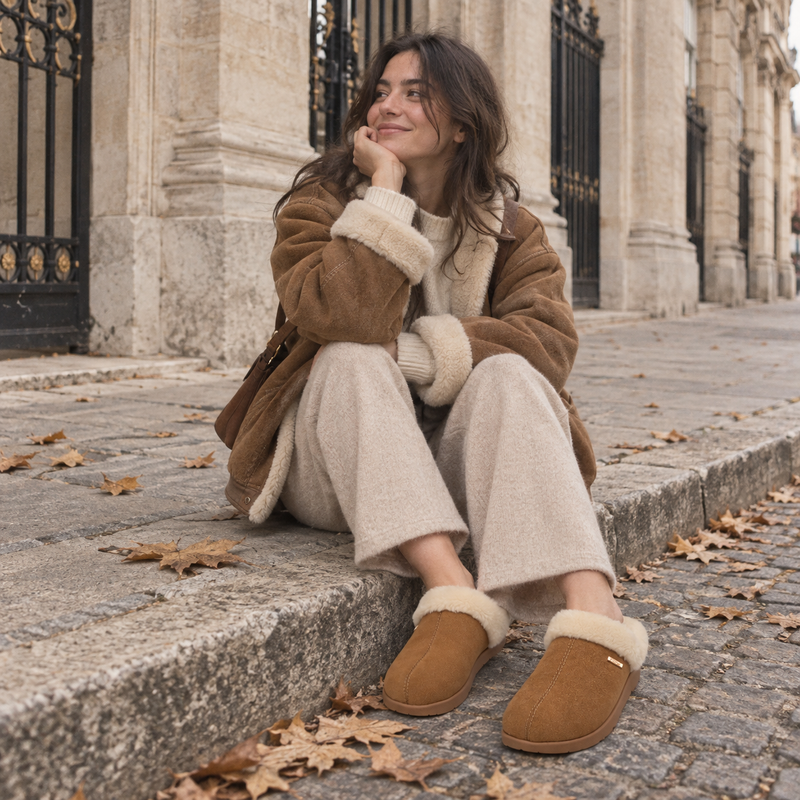 A woman sits on a stone curb outdoors, wearing a brown shearling-lined coat, cream knit pants, and PCSsole arch support slip-on slippers with white faux-fur trim. 