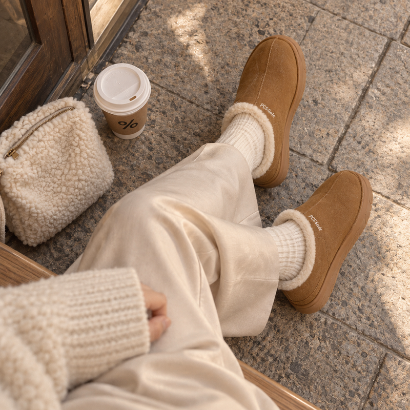 A person sitting outdoors on stone pavement wearing PCSsole brown arch support indoor/outdoor slippers with white fuzzy lining, cream pants, white socks, and a cream knit sweater. 