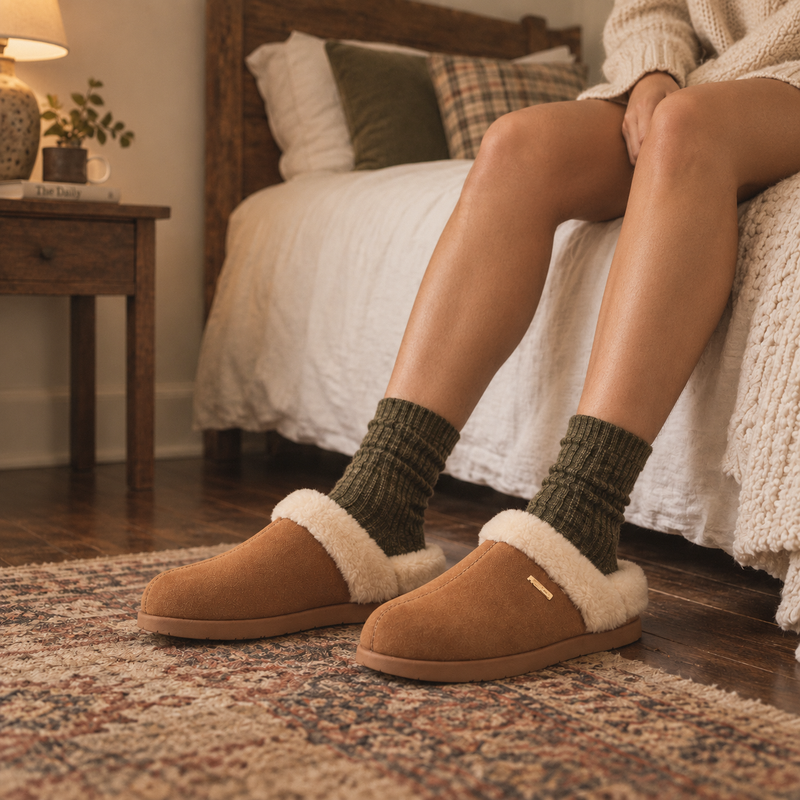 A person sits on a bed wearing PCSsole brown suede arch support slip-on slippers with cream sherpa lining and dark olive green socks in a cozy bedroom setting.