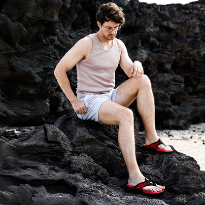 Men wearing crimson red arch support flip flops
