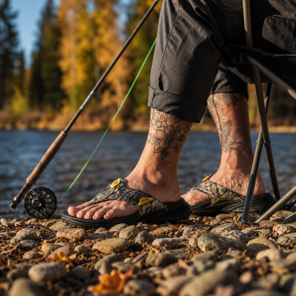 A man wearing PCSsole black camo flip-flops