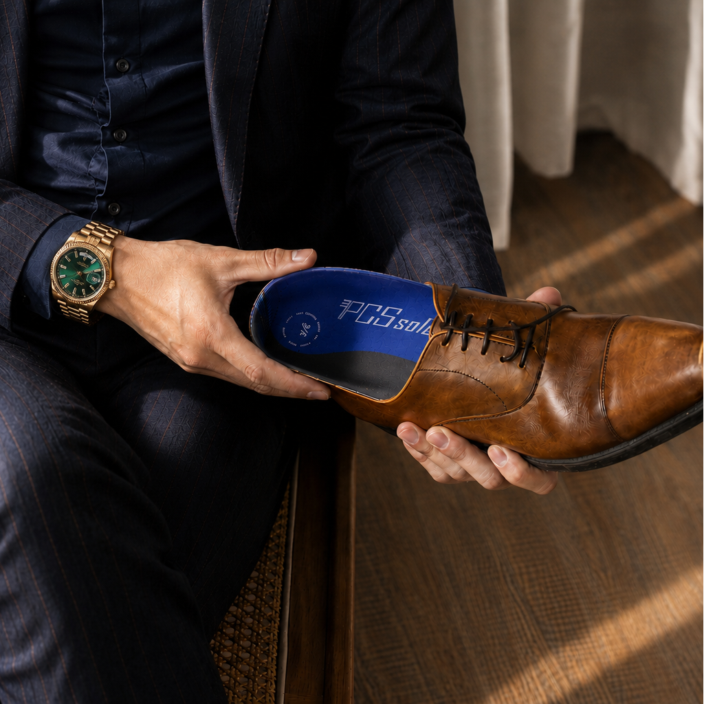 Person holding a brown leather shoe with a box, wearing a dark suit and PCSsole 3/4 sole.