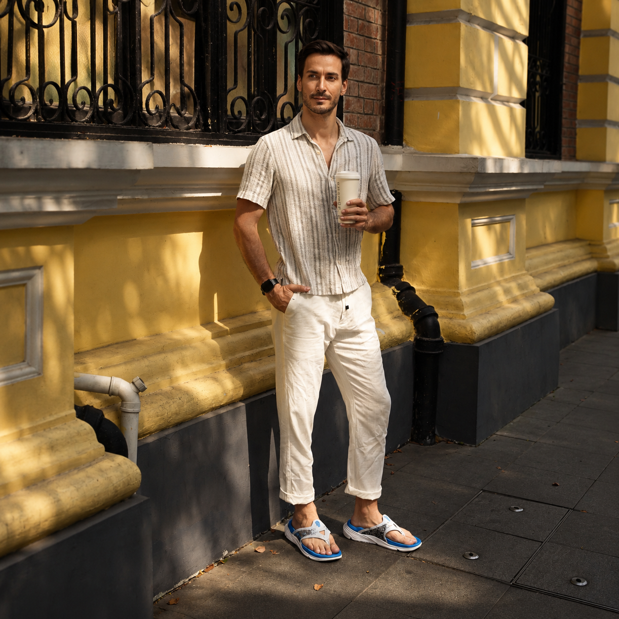 Man holding a drink standing on a street with PCSsole blue sandals