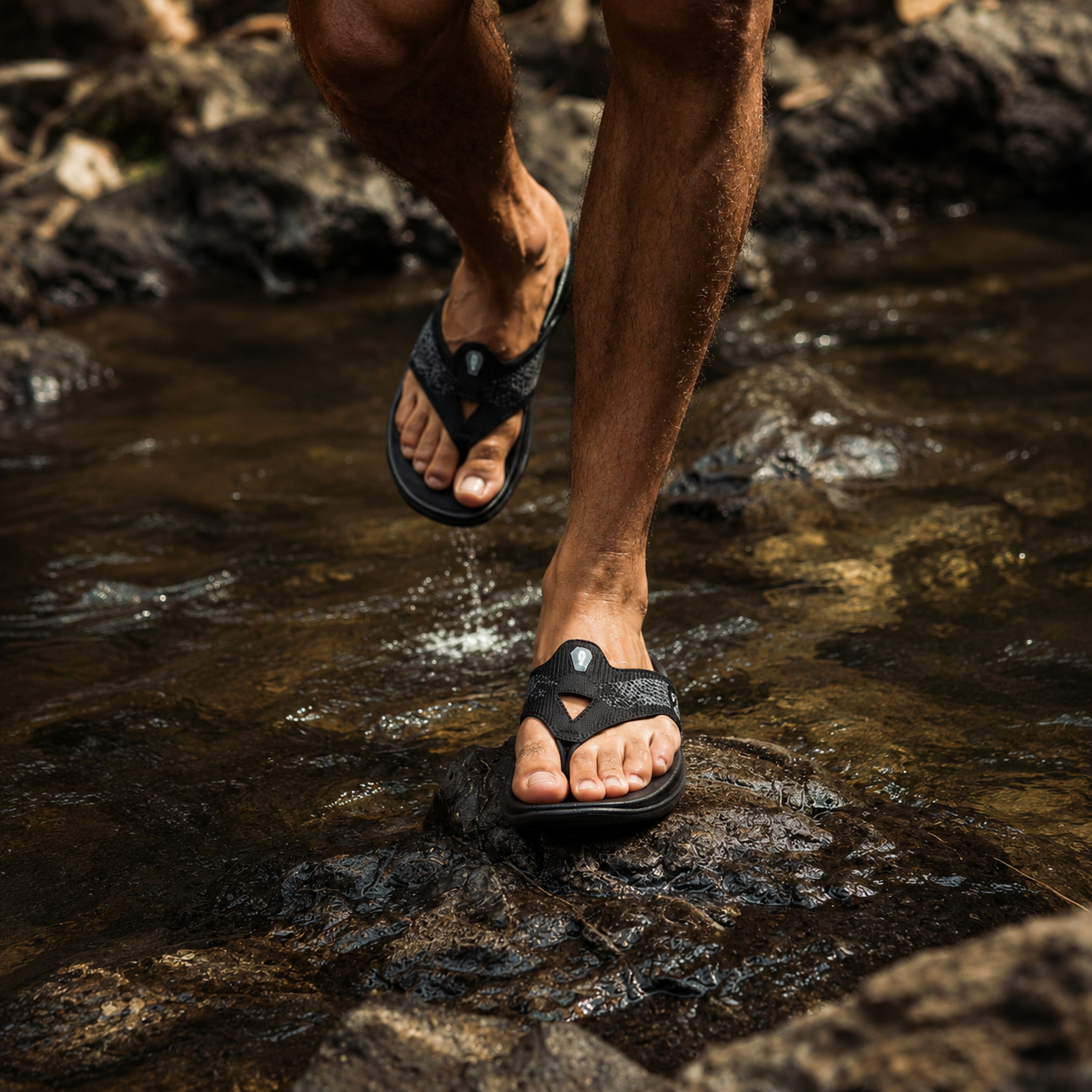 Person wearing black sandals walking on a rocky stream