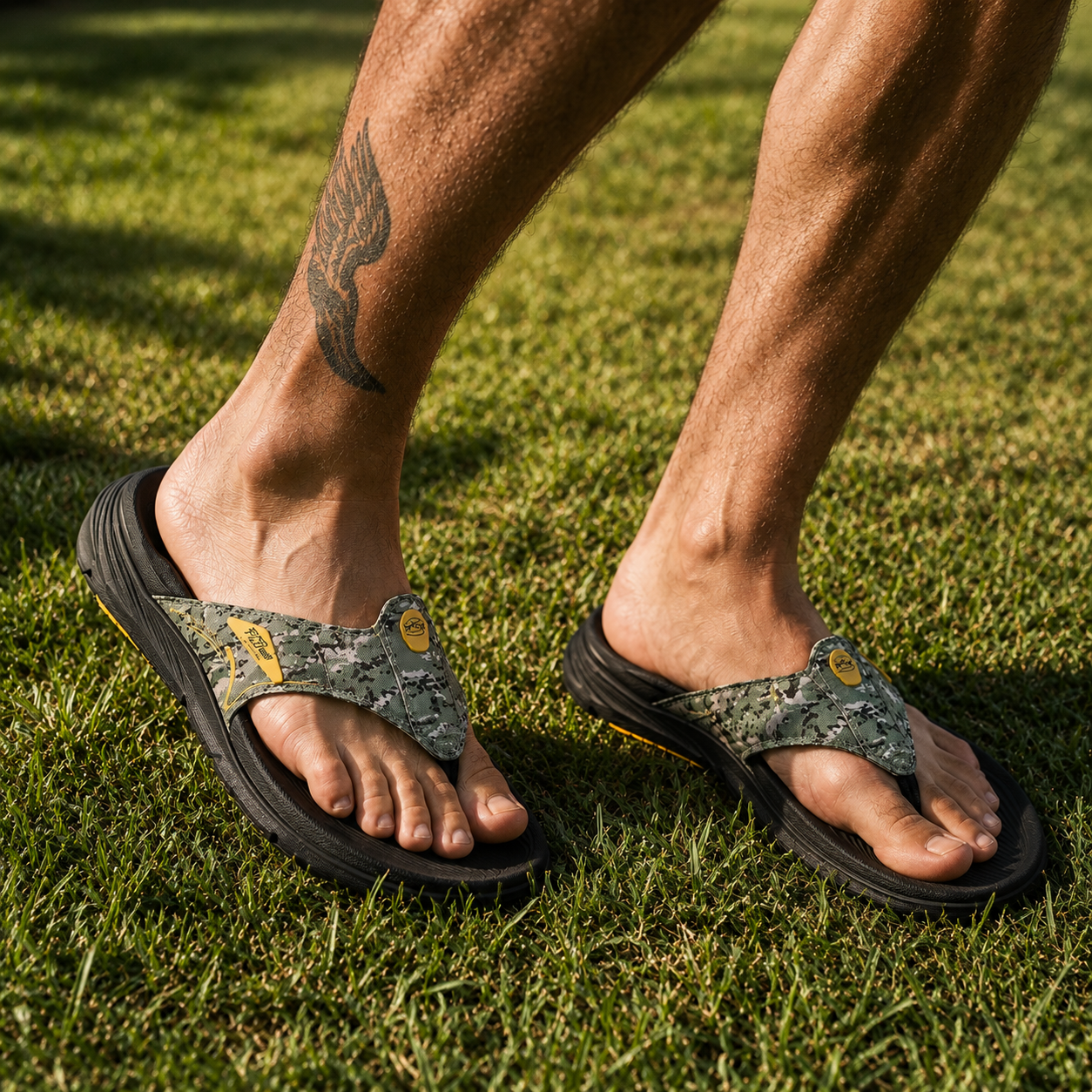 Person wearing camouflage sandals on grass