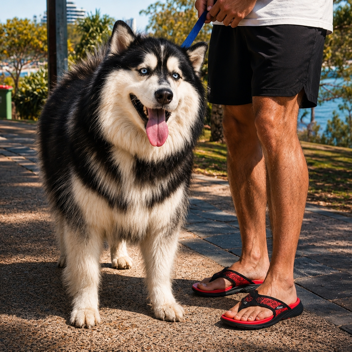 Dog on a leash with a person standing on a path by a waterfront