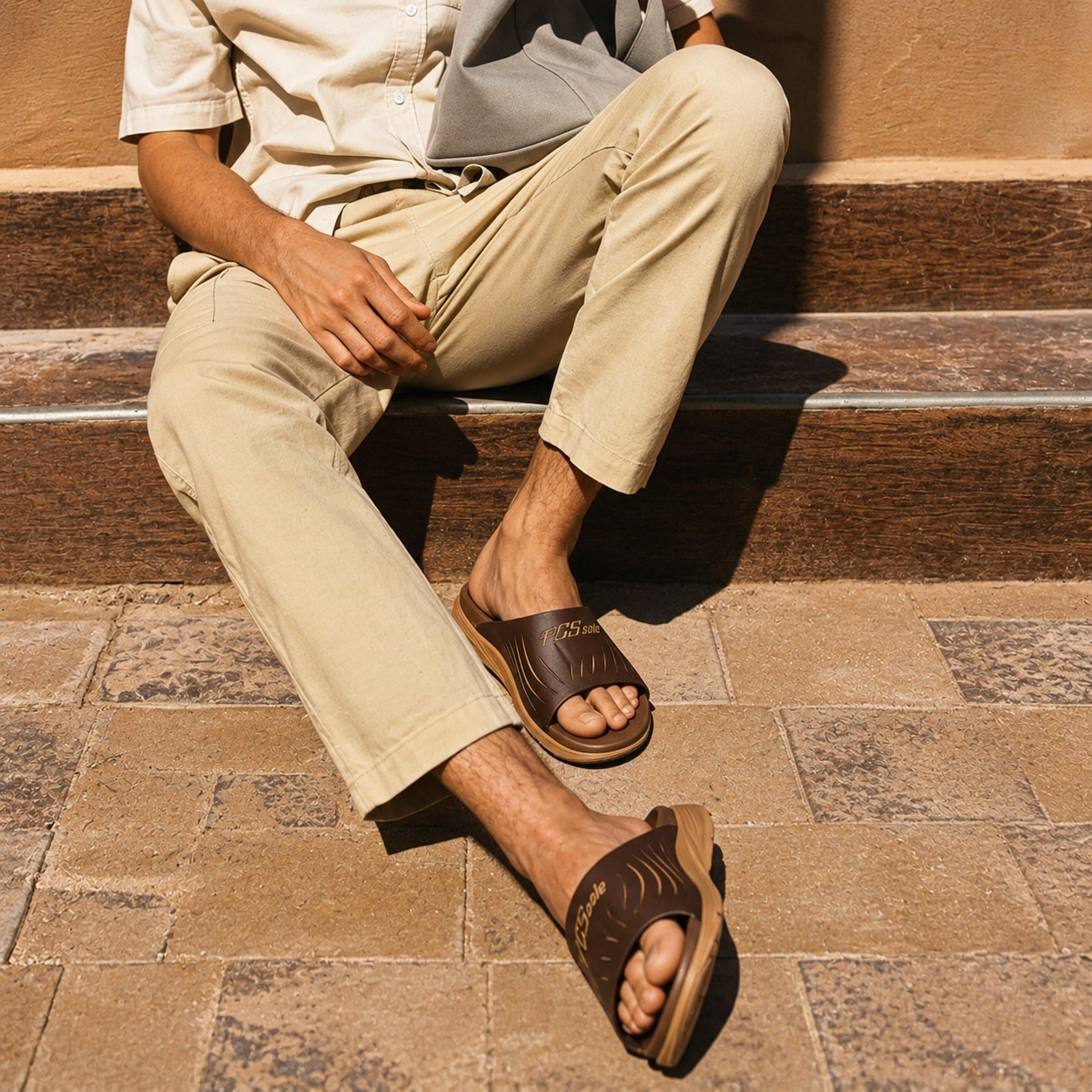 Person sitting on stone steps wearing beige pants and brown pcssole slide sandals.