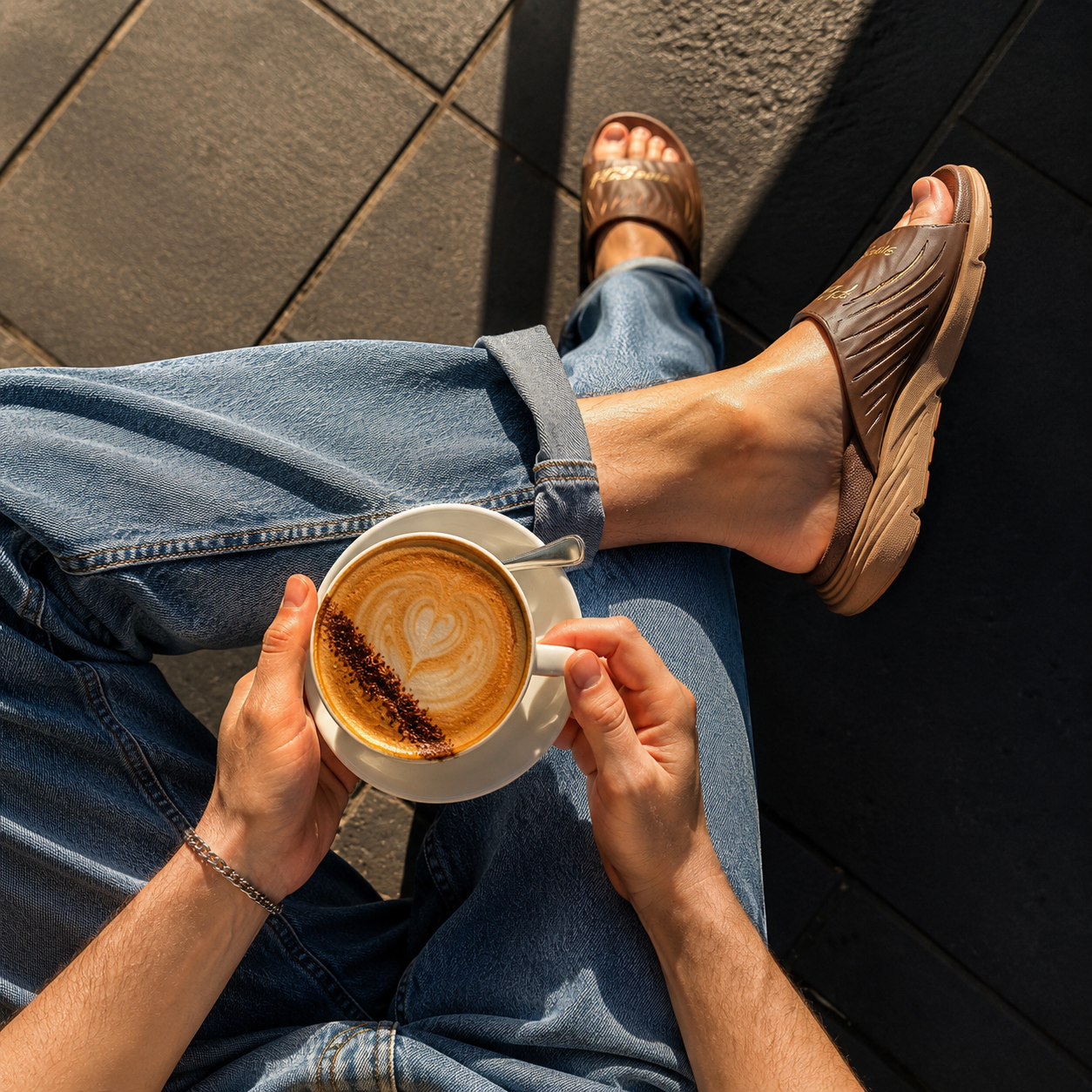Person holding a cup of coffee with a heart design, sitting on a stone pavement with pcssole brown slide sandals