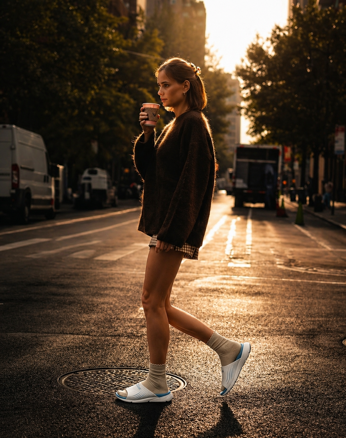 A woman walks down the street wearing PCSsole Slate Blue Slides