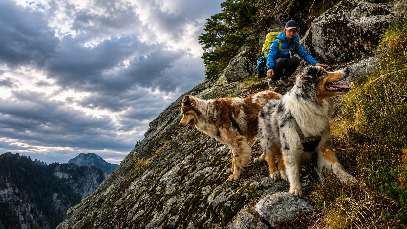 Person with two dogs on a rocky mountain peak under a cloudy sky