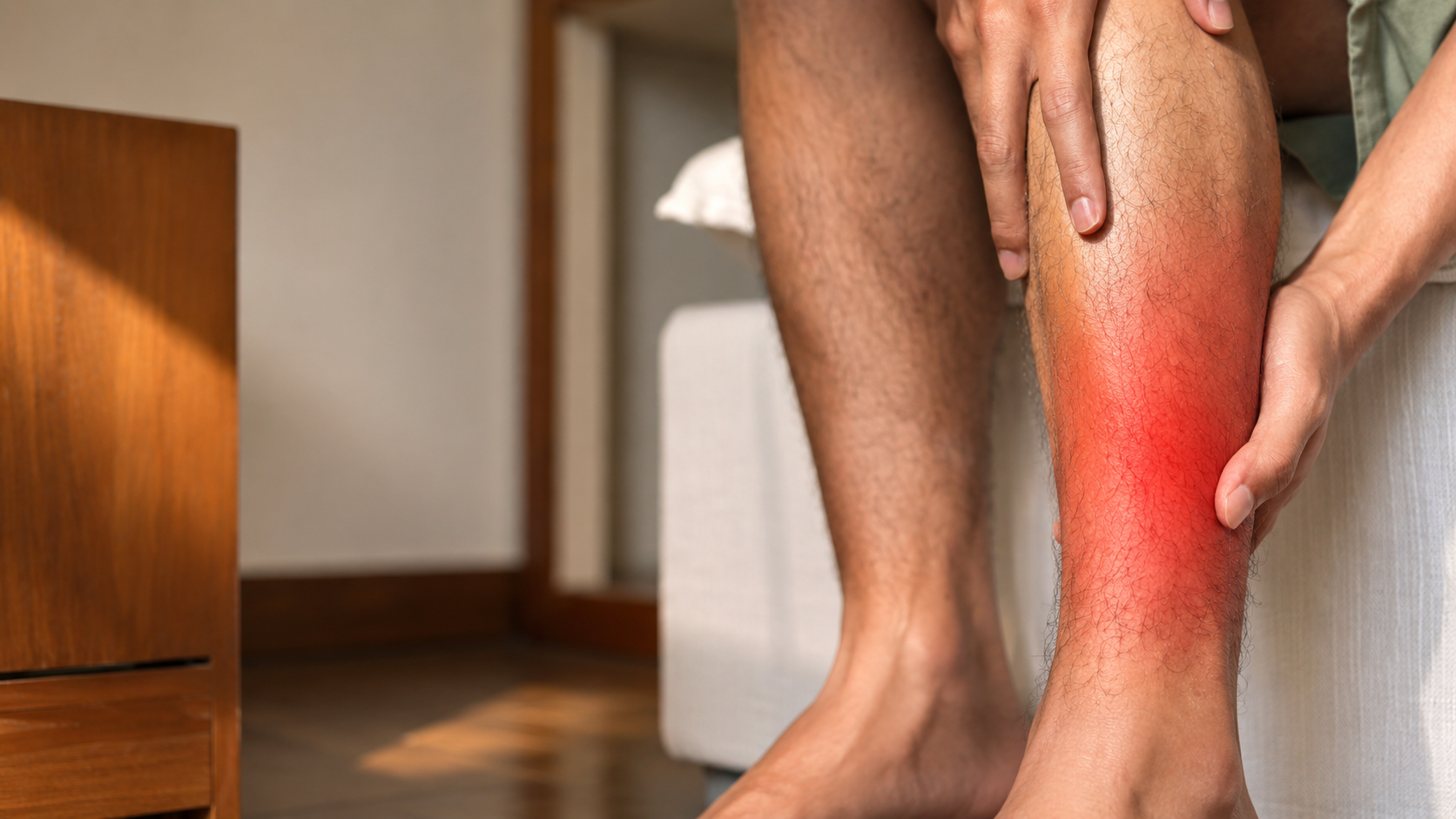 Person holding a leg with redness, possibly indicating an injury or infection, in a room setting.