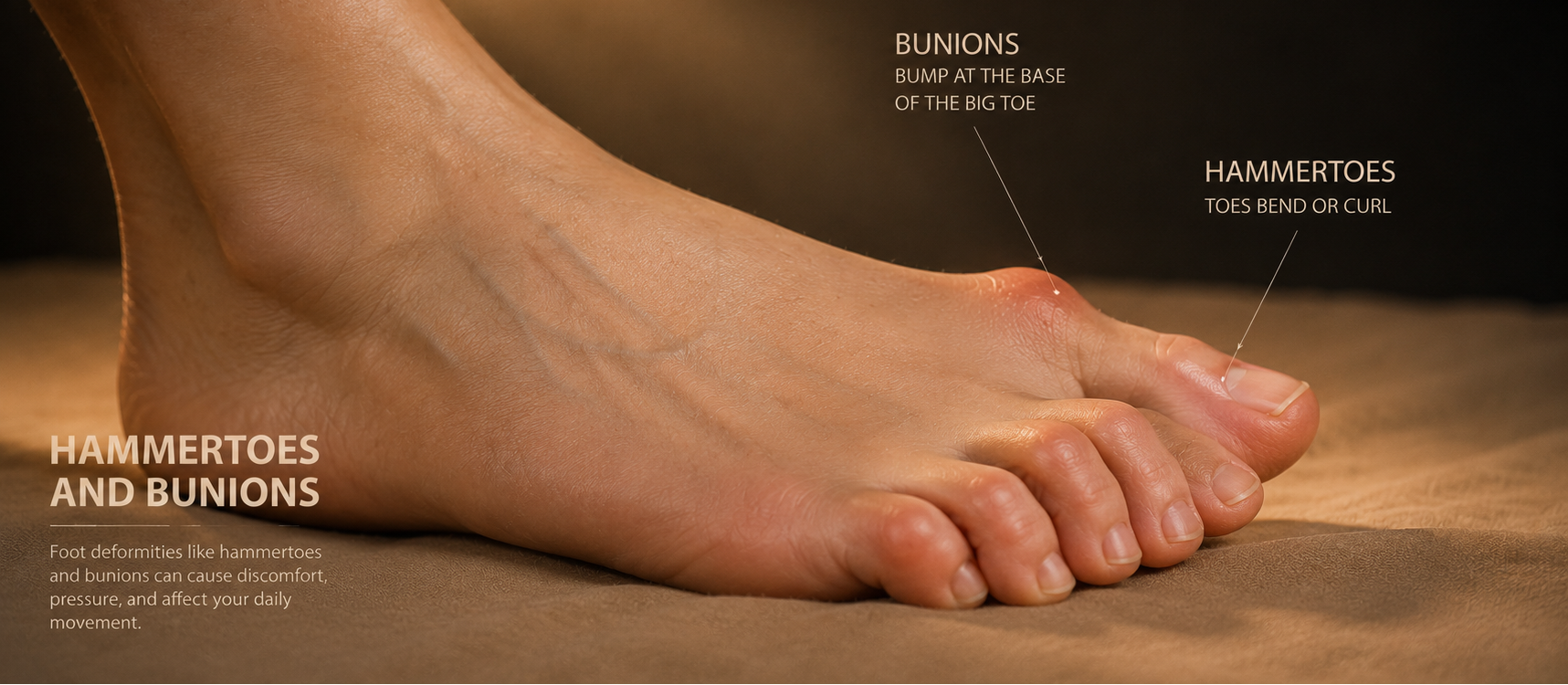Foot with annotations showing bunions and hammertoes on a brown background