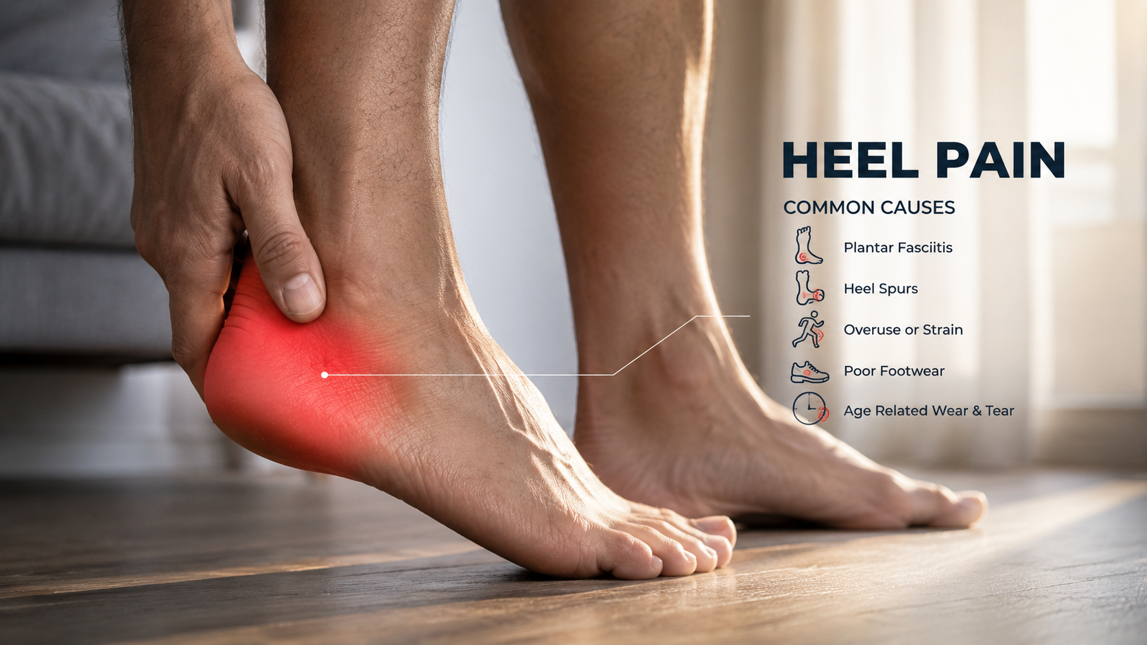 Person holding their heel with red highlight, showing heel pain and its causes.
