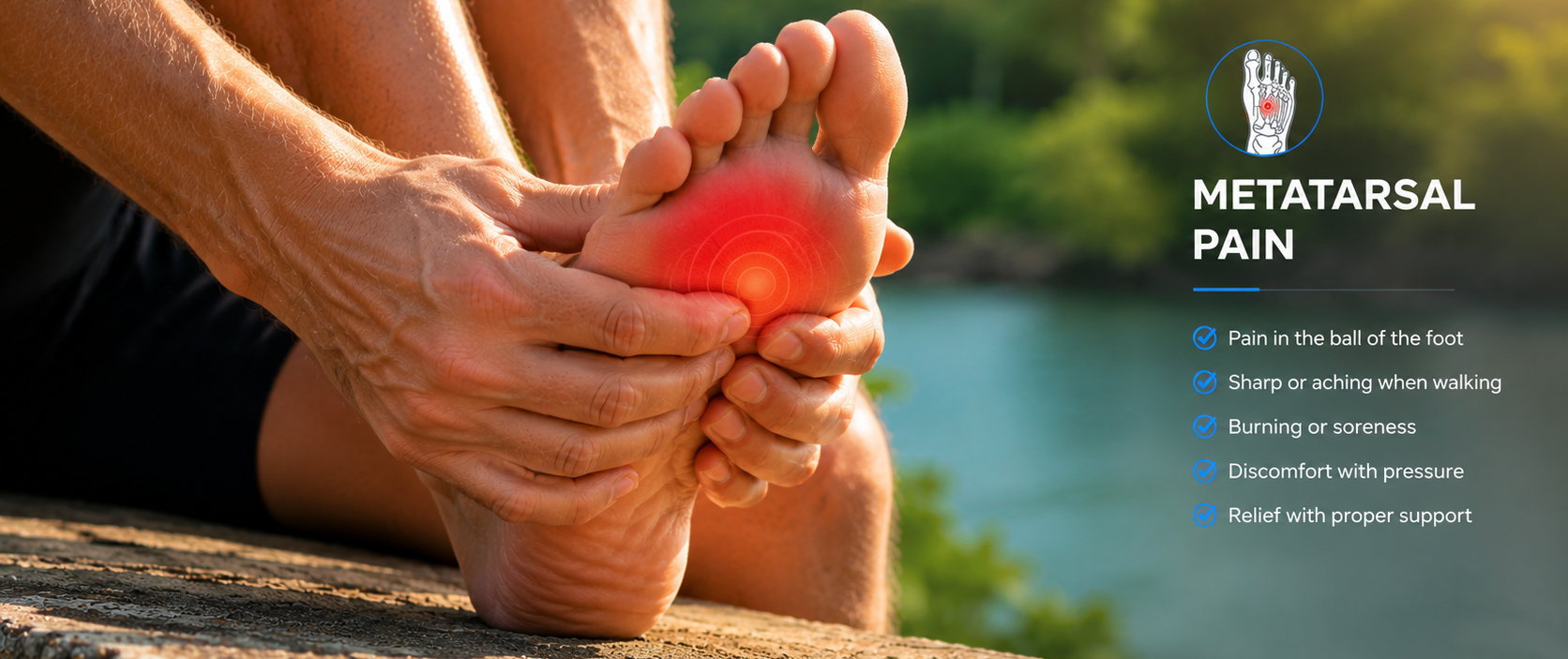 Person holding their foot with metatarsal pain, outdoors by a body of water.