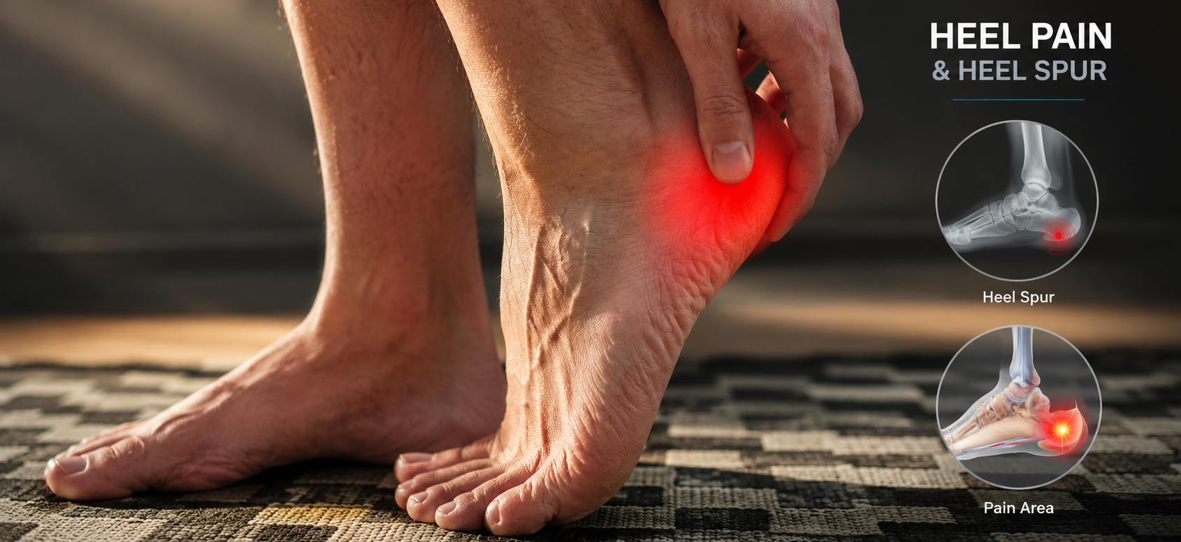 Person holding their heel with heel pain and heel spur highlighted.