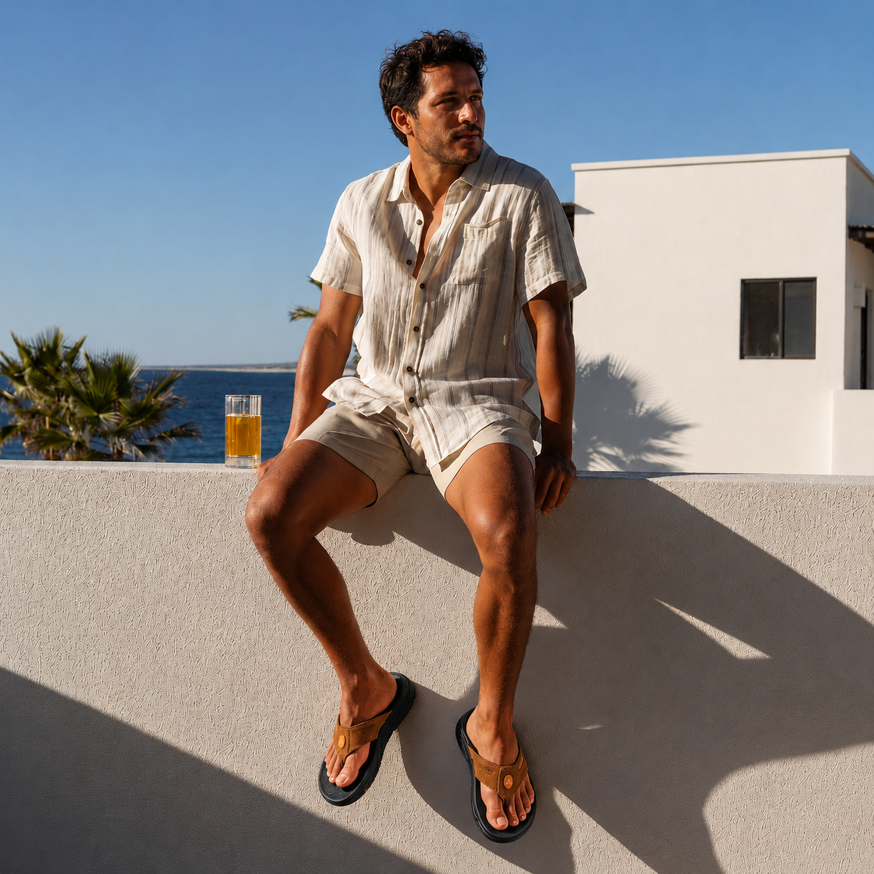 A man wearing PCSsole Mocha Suede arch support flip flops sits on the wall