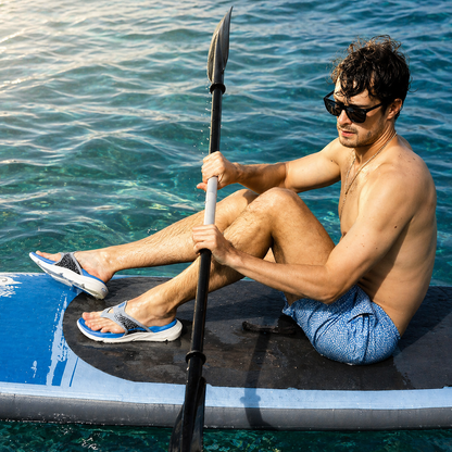 Men wearing sky blue arch support flip flops