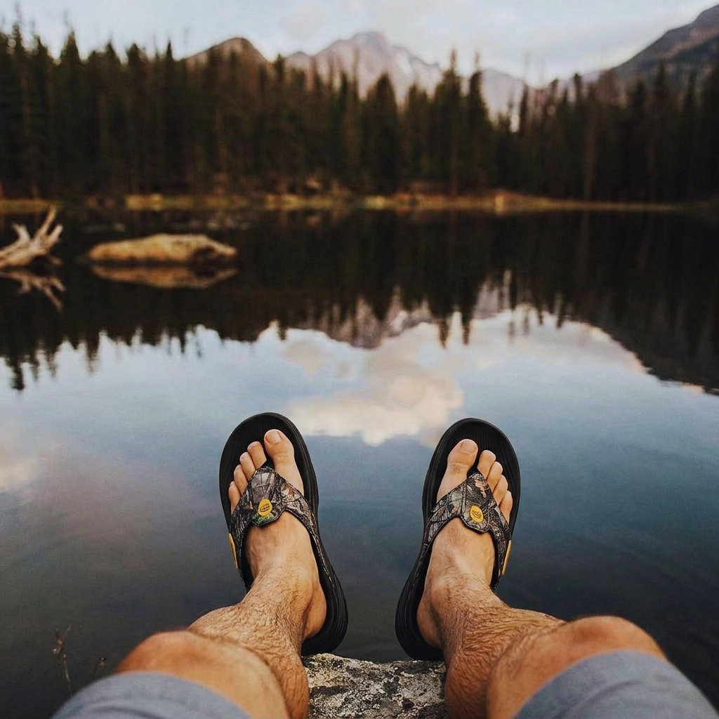 A man wearing PCSsole black camo flip-flops